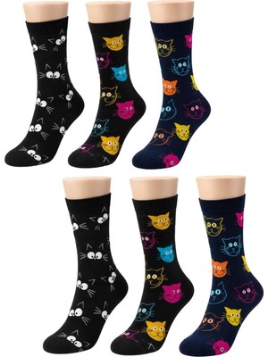 Unisex Kedi Desenli Çorap 6'lı Set Pamuklu Renkli Uzun Soket Dikişsiz Nefes Alan Rahat Günlük Çorap
