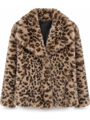 Purple By Banu Beige Premium Leopar Desen Kürk Ceket
