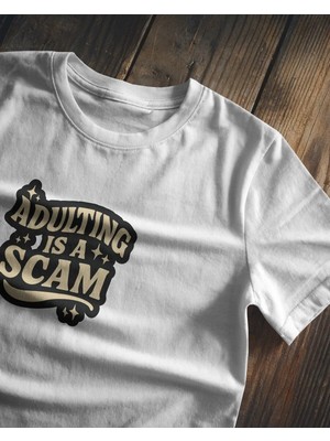 Buzagi Unisex Oversize Tişört Adulting Is A Scam Baskılı Beyaz Organik Pamuk