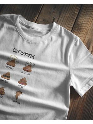 Buzagi Unisex Tişört Shit Happ*ns Baskılı Beyaz Organik Pamuk