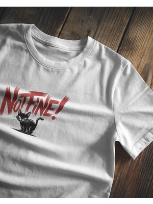 Buzagi Unisex Oversize Tişört Not Fine Cat Baskılı Beyaz Organik Pamuk