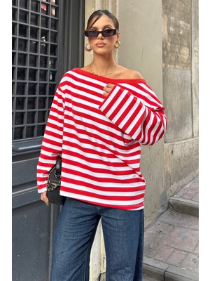 Bejna Kadın Çizgili Düşük Omuz Oversize Bluz