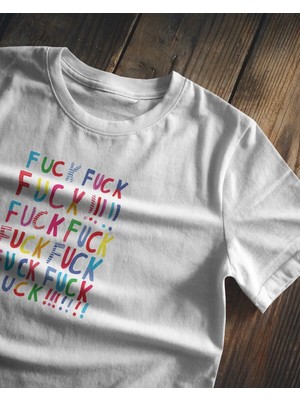 Buzagi Unisex Oversize Tişört F*ck F*ck F*ck Baskılı Beyaz Organik Pamuk
