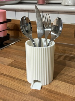Kpln Store 3D Baskı Çizgili Kaşıklık Süzgeçli Kaşık Çatal Bıçak Tutucu Lavabo Kenarı Mutfak Gereç Kabı Beyaz 11 cm