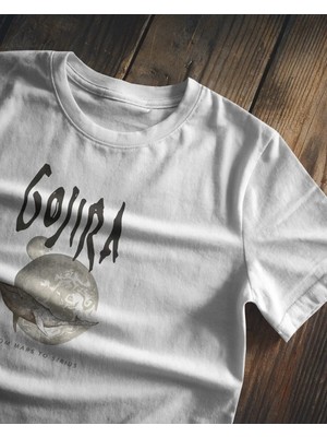 Buzagi Unisex Oversize Tişört Gojira Balina Ay Baskılı Beyaz Organik Pamuk