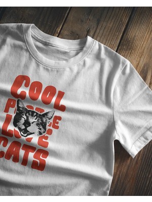 Buzagi Unisex Oversize Tişört Cool People Love Cats Baskılı Beyaz Organik Pamuk