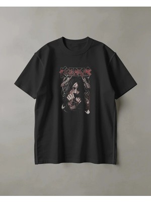 Buzagi Unisex Oversize Tişört Kreator Dikişli Yüz Baskılı Siyah Organik Pamuk