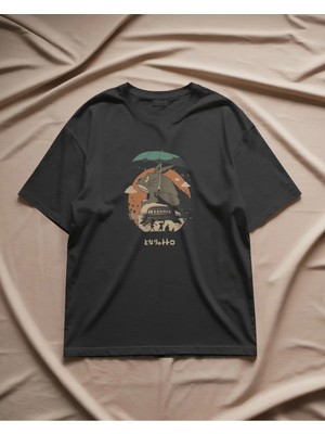 Buzagi Unisex Oversize Tişört Totoro Siyah %100 Organik Pamuk