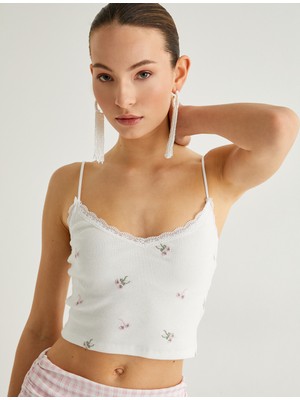 Koton Koton x Sibil Çetinkaya - Ince Askılı Çiçekli Crop Üst