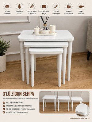 Home Başaran Mobilya Üst Kalite  Mdf Lam  3'lü Beyaz Zigon Sehpa Beyaz  Sehpa