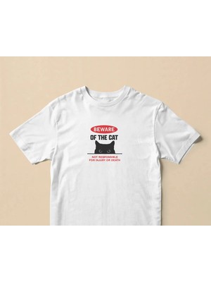 Buzagi Unisex Oversize Tişört Beware Of The Cat Beyaz