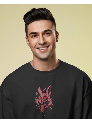Buzagi Unisex Oversize Tişört Crazy Rabbit Siyah