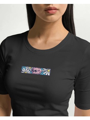 Buzagi Unisex Tişört Skull Flowers Siyah