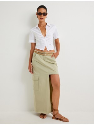 Koton Poplin Crop Gömlek Yarım Fermuarlı Kısa Kollu Drape Detaylı