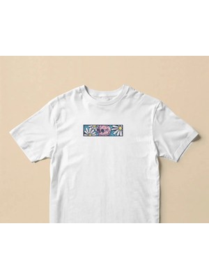 Buzagi Unisex Oversize Tişört Skull Flowers Beyaz