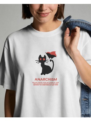 Buzagi Unisex Oversize Tişört Anarchism Cat Beyaz