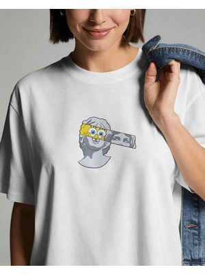 Buzagi Unisex Oversize Tişört Spongebob Squarepants Beyaz