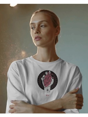 Buzagi Unisex Oversize Tişört Heartbreaker Beyaz