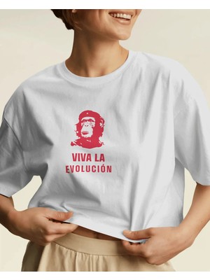 Buzagi Unisex Tişört Viva La Evolution Beyaz