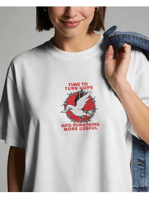 Buzagi Unisex Oversize Tişört Time To Turn Hope Beyaz