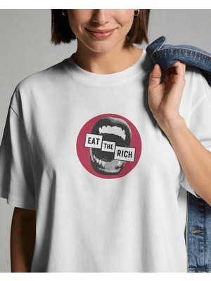Buzagi Unisex Oversize Tişört Eat The Rich Beyaz