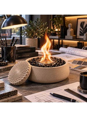 Nevhan Sanat Masa Şöminesi – Modern, Kokusuz ve Siyah Taşlı Set (Şömine Yakıtı + Yedek Hazne Hediye )