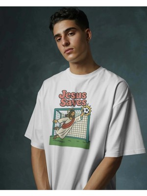 Buzagi Unisex Oversize Tişört Jesus Saves Beyaz