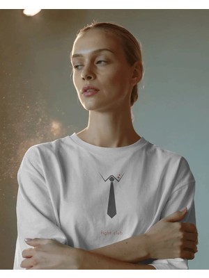 Buzagi Unisex Oversize Tişört Fight Club Beyaz