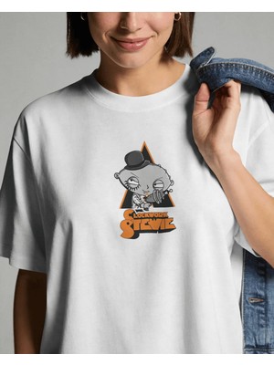 Buzagi Unisex Oversize Tişört Clockwork Stewie Family Guy Beyaz