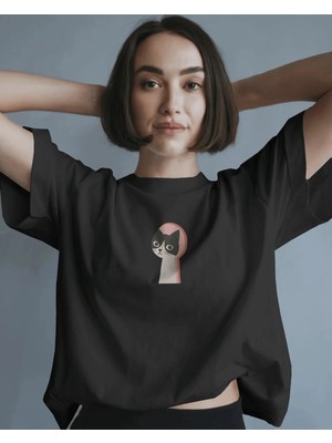 Buzagi Unisex Oversize Tişört Cat Keyhole Siyah