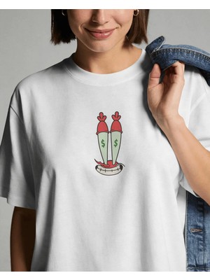 Buzagi Unisex Oversize Tişört Mr Krabs Spongebob Squarepants Beyaz