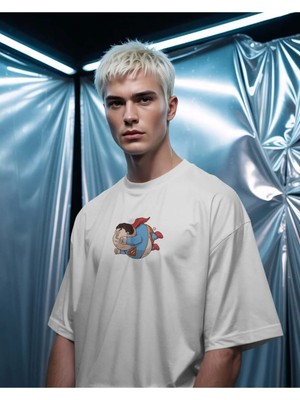 Buzagi Unisex Oversize Tişört Superman Chubby Beyaz