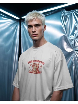 Buzagi Unisex Oversize Tişört Rage Consumes Me Beyaz