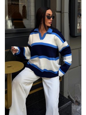 Bejna Kadın Çizgili Polo Yaka Oversize Triko Kazak