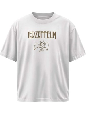 Buzagi Unisex Oversize Tişört LED Zeppelin Beyaz