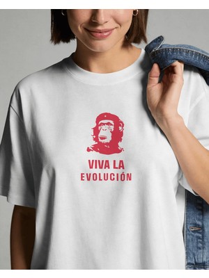 Buzagi Unisex Oversize Tişört Viva La Evolution Beyaz