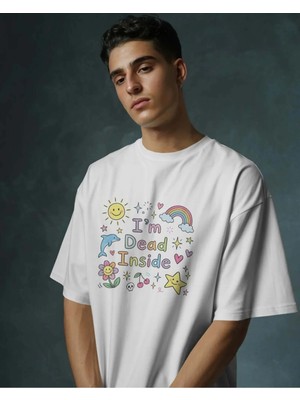 Buzagi Unisex Oversize Tişört Dead Inside Beyaz
