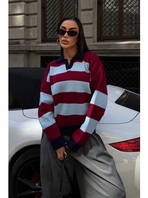 Bejna Kadın Kontrast Çizgili Polo Yaka Relaxed Kazak