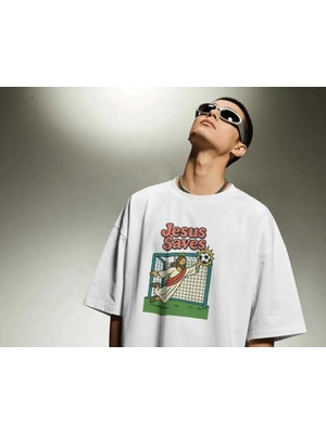 Buzagi Unisex Tişört Jesus Saves Beyaz