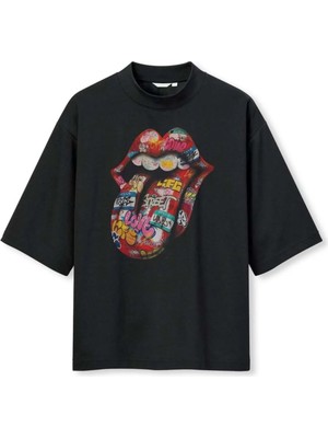 Buzagi Unisex Oversize Tişört Rolling Stones Dijital Baskı Siyah