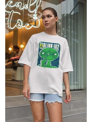Buzagi Unisex Oversize Tişört Blink 182 Beyaz
