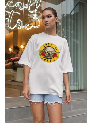 Buzagi Unisex Oversize Tişört Guns N' Roses Beyaz