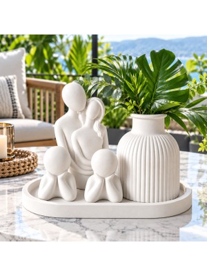 Nevhan Sanat El Yapımı Aile Figürlü Dekoratif Set – Vazo, Sevgili ve Çocuk Figürleri (5 Parça)