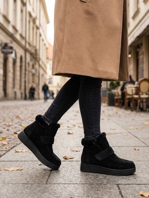 Hayo Kadın Deri Siyah Süet Kürk Detaylı Kalın Tabanlı Cırtlı Sneaker Bot