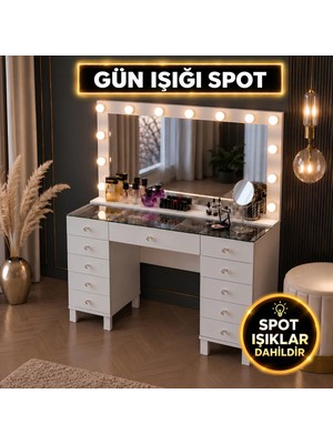 Rani BJ199 Hollywood Işıklı Aynalı Kulis Makyaj Masası Cam Tablalı 11 Çekmeceli Takı Düzenleyici Günışığı