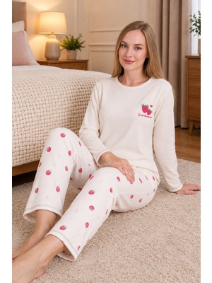 Wordex Mırano 3110 Waffle Soft Kumaş Çilek Desenli Kışlık Ev Kadın Pijama Takımı