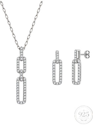 Servi 925 Ayar Gümüş Chain Glow Işıltılı Ataç Kolye ve Küpe Set