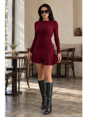 Polo State Uzun Kollu Büzgülü Çift Volanlı Mini Elbise - Bordo