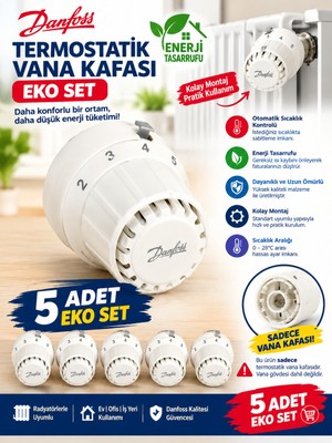 5 Adet--Danfoss Rae Termostatik Vana Kafası - Radyatör Petek Isı Ayarlayıcı Termostat Sensör Seti (Geçmeli / Click Model)