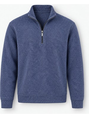 Valiberta Dante Regular Fit Örme Kaşe Dik Yaka Yarım Fermuarlı Erkek Sweatshirt - Indigo